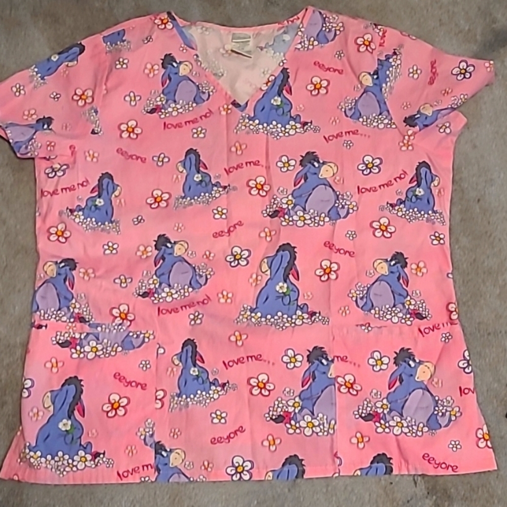 Eeyore Disney Pink, Blue- Grey and Yellow Graphic Boxy Scrub Top